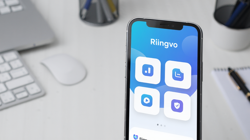 主体:一部亮屏的智能手机,屏幕中央显示Riingvo应用的主界面,界面以蓝白渐变为主色调,顶部有“Riingvo”字样。布局:手机位于画面中心偏右,左侧留白,背景为浅灰色桌面,桌面有少量模糊的办公用品。排版:屏幕界面清晰显示几个圆角矩形的功能图标,排列整齐。风格:现代扁平化设计风格,光影柔和,色彩明快。细节:屏幕反射出微弱的环境光,手机边框为金属银色,整体画面干净整洁。画质:高分辨率,细节丰富,干净,无多余元素。