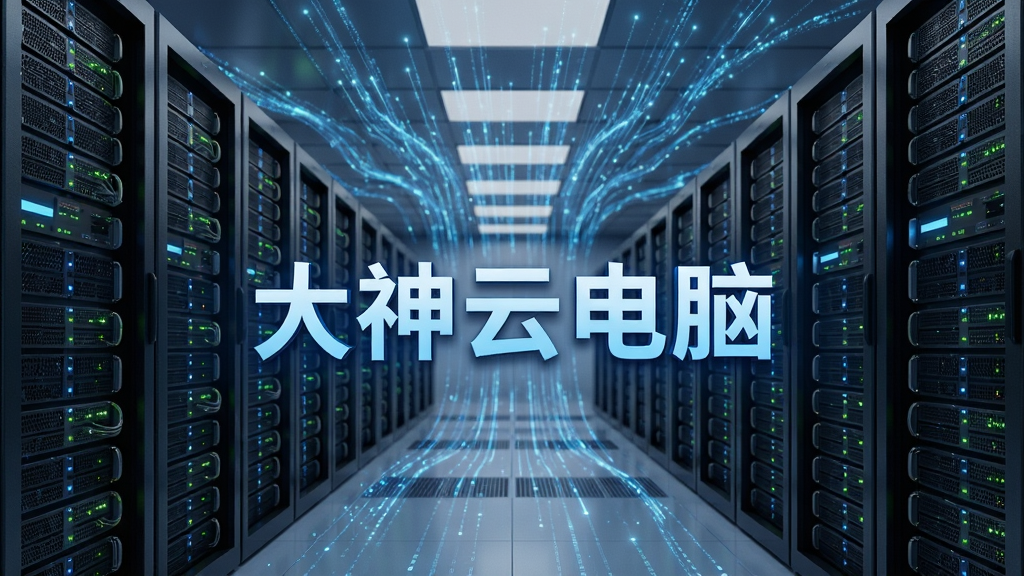 大神云电脑的云端数据中心内部场景,一排排高性能服务器整齐排列,指示灯闪烁,画面中央悬浮着“大神云电脑”字样,背景是流动的数据光效,主体突出服务器的规模与强大算力,布局采用透视感强烈的延伸构图,排版简洁,风格写实且富有科技感,细节体现服务器细节与光效,画质极清,无多余杂物