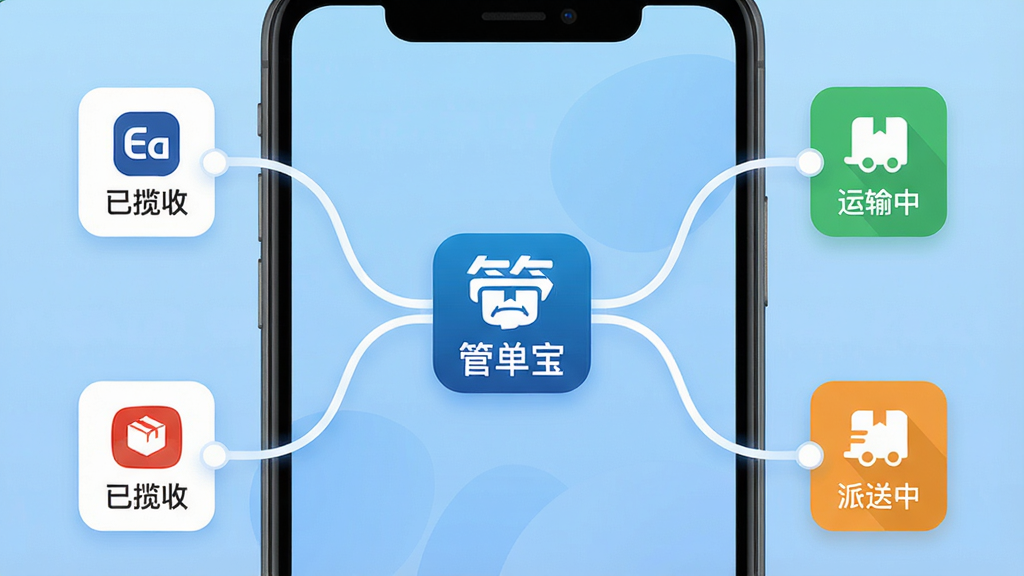 一张展示管单宝App数据同步功能的界面截图,主体为手机屏幕,屏幕内显示多个订单状态图标(如已揽收、运输中、派送中)从不同平台汇聚到中央的“管单宝”标识,周围有流畅的线条连接,背景为浅蓝色渐变,扁平化风格,布局对称,画质清晰,无多余元素
