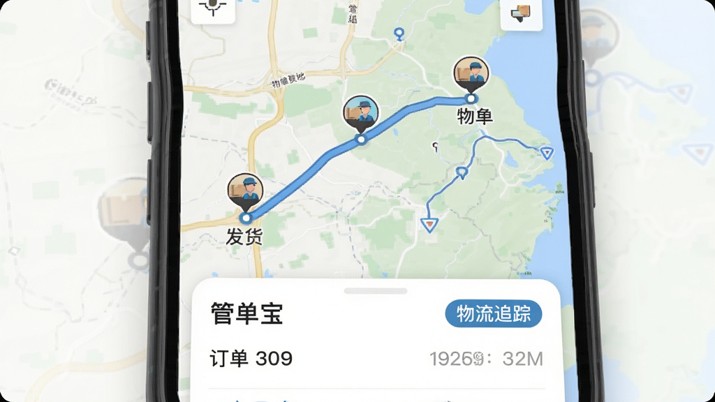 一张管单宝App物流轨迹追踪功能的界面预览,主体为手机地图页面,地图上显示一条从发货地到目的地的路线,途中标注多个快递员图标和位置点,底部有订单详情卡片,显示“管单宝”字样和“物流追踪”标签,界面简洁,地图配色柔和,画质干净,无多余元素