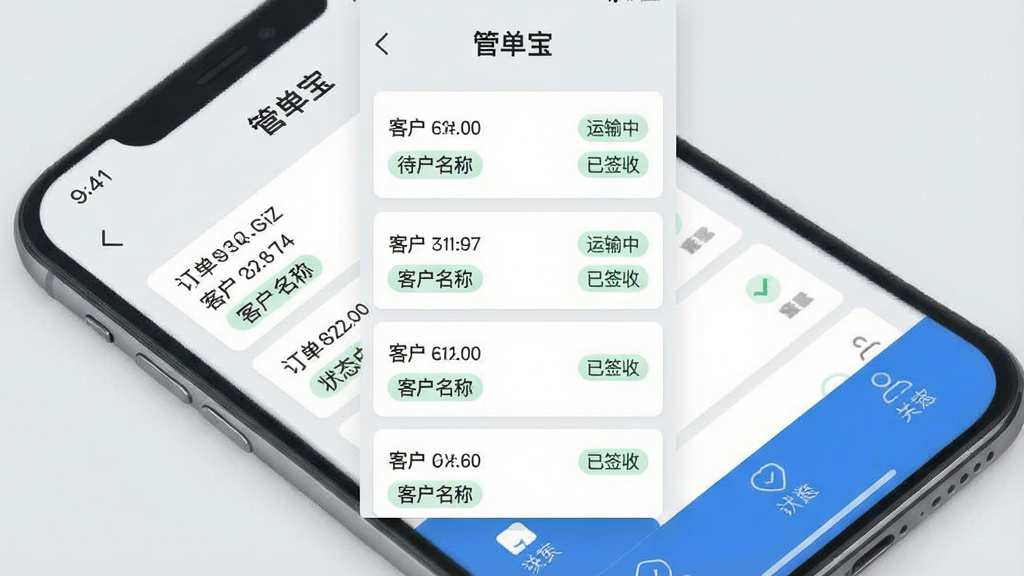 一张现代简约风格的手机应用界面预览图,主体是管单宝App的订单列表页面,背景为浅灰色,界面顶部显示“管单宝”字样,中部为整齐排列的订单卡片,每张卡片包含订单编号、客户名称、状态标签(如待发货、运输中、已签收),底部有蓝色导航栏,整体布局清晰,扁平化设计,画质干净,无多余元素