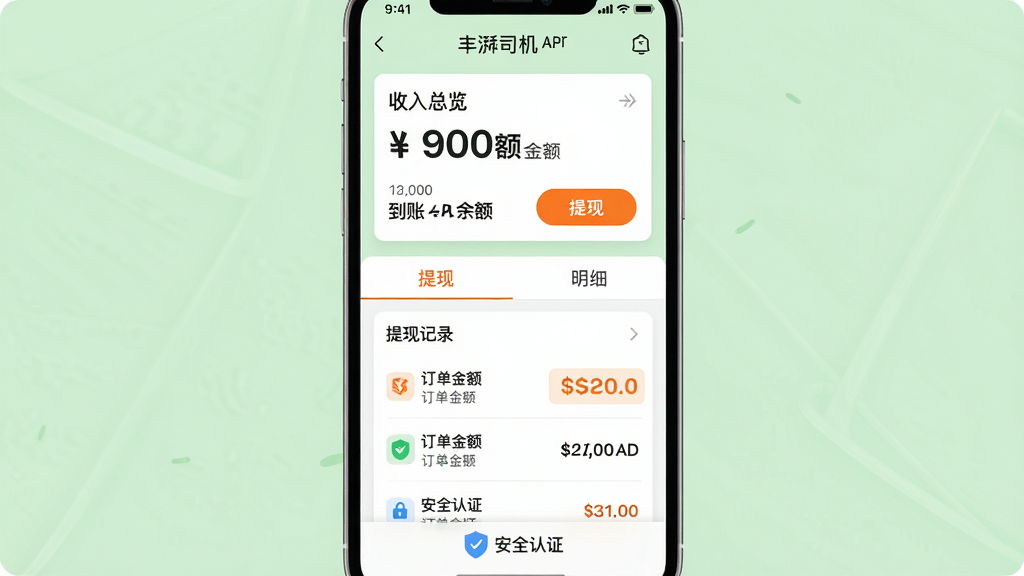 主体:丰湃司机App的运费结算页面,显示订单金额、到账余额和提现按钮。布局:手机屏幕居中,背景为淡绿色,上方是收入总览卡片,下方是提现记录列表。排版:数字用大号粗体显示,提现按钮为橙色,突出醒目。风格:清新简洁,财务数据直观。细节:屏幕上有“提现”和“明细”两个标签页,底部有安全认证标识。画质:高清,干净,无多余元素。