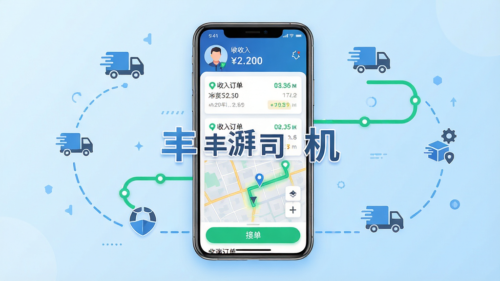 主体:丰湃司机App界面展示,手机屏幕中显示货运订单列表和地图导航,画面中央有“丰湃司机”字样。布局:手机居中,背景为浅蓝色渐变,周围有简洁的物流图标和路线线条。排版:手机屏幕内容清晰可见,订单卡片整齐排列,地图路线以绿色高亮显示。风格:现代扁平化,色彩明亮,科技感强。细节:屏幕上方显示司机头像和收入金额,下方有接单按钮。画质:高清,干净,无多余元素。