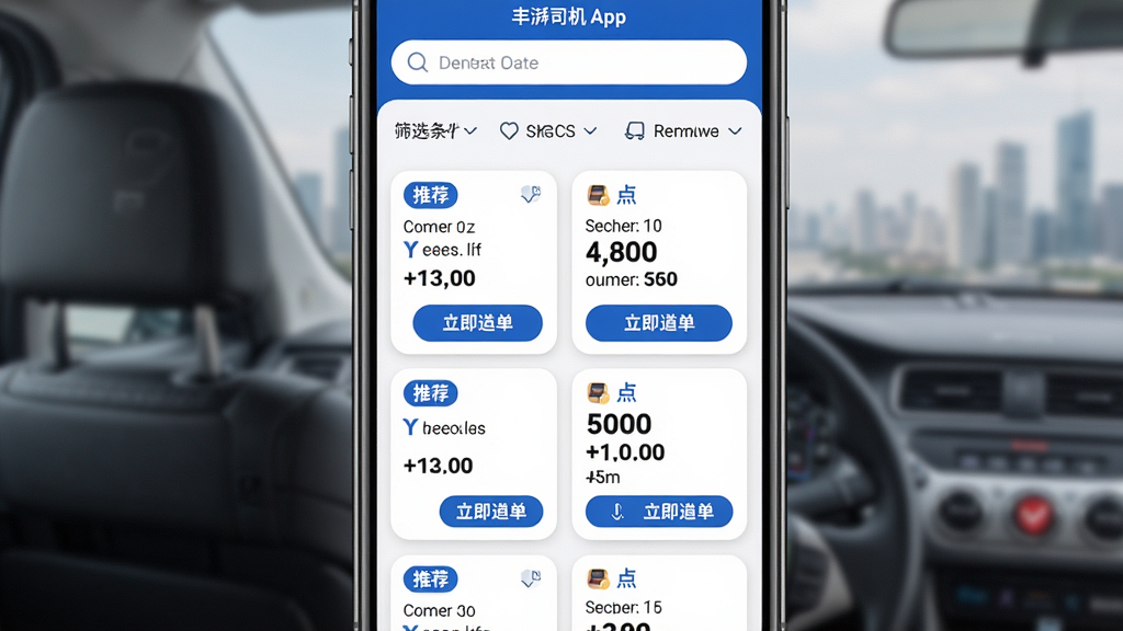 主体:丰湃司机App的货源匹配页面,显示多个订单卡片,每张卡片上有起点、终点和运费信息。布局:手机屏幕居中,卡片列表纵向排列,屏幕上方有搜索框和筛选条件。排版:卡片采用圆角设计,重要信息用加粗字体突出,颜色以白色和蓝色为主。风格:简洁商务,信息密集但清晰易读。细节:卡片左上角有“推荐”标签,右下角有“立即抢单”按钮。画质:高清,干净,无多余元素。