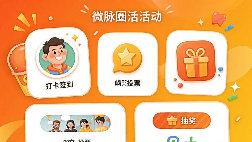 展示微脉圈活动页面,包含打卡签到、投票、抽奖等模块图标,背景为橙色和黄色渐变,色彩活泼,布局错落有致,排版活泼,风格插画感,细节丰富,画质高清,干净无多余元素