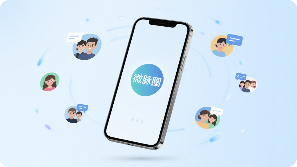 画面主体为一部亮屏的智能手机,屏幕中央清晰显示“微脉圈”三个字及圆形LOGO,手机悬浮于简洁的浅蓝色渐变背景之上,周围环绕着代表社群、用户头像、消息气泡的扁平化图标,布局平衡,排版干净,科技感风格,细节丰富,画质高清,干净无多余元素