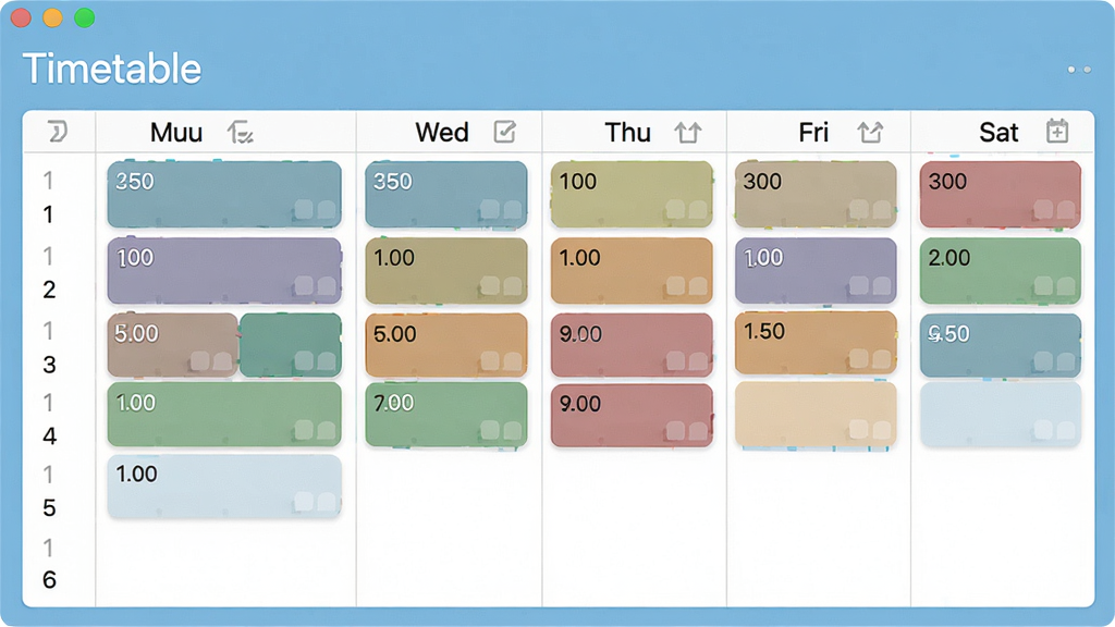 һ��չʾTimetable����������ĸ����ͼ���������ǳ��ɫ����������ʾ��Timetable���������·�Ϊ������һ�ܿγ̱�������һ��������Ŀγ��ò�ͬ��ɫ��Ƭ��ע�������ɾ����࣬�������Լ�ִ��������������޶���Ԫ��