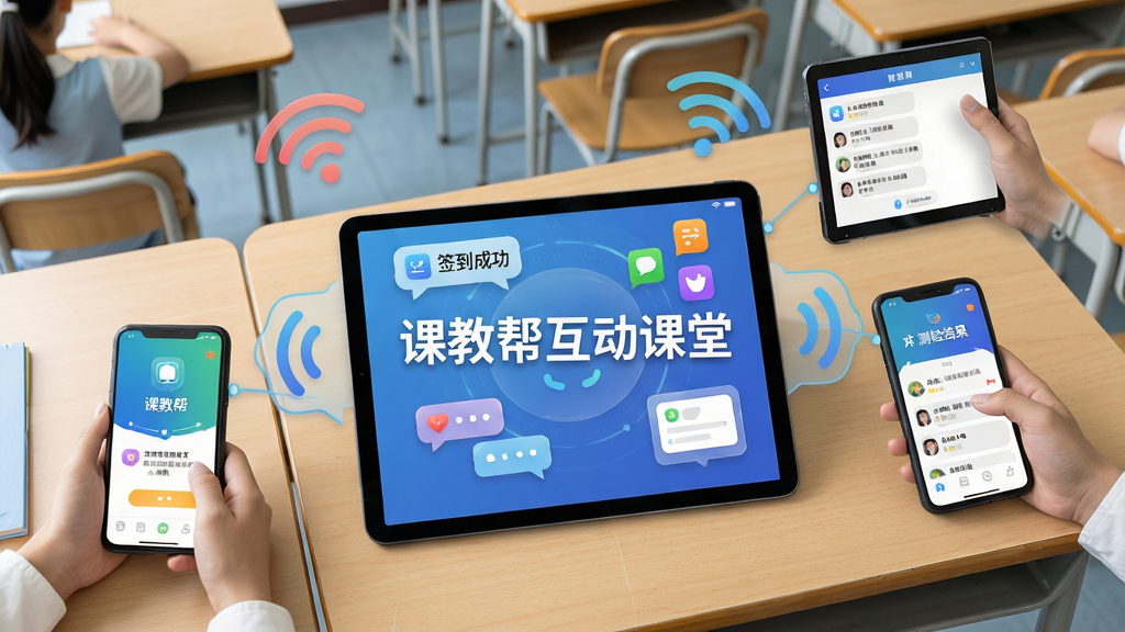 主体:课教帮实时互动课堂场景,教师端平板与学生端手机通过无线连接,屏幕显示签到成功、弹幕消息、测验结果。布局:俯视角度,设备环绕排列,背景为教室课桌。排版:界面元素活泼,有气泡弹幕和彩色图标,中心标有“课教帮互动课堂”。风格:现代教育科技风,明亮色调。细节:设备屏幕内容清晰可辨,光线柔和,环境整洁。画质:高分辨率,细节丰富,无多余杂物。