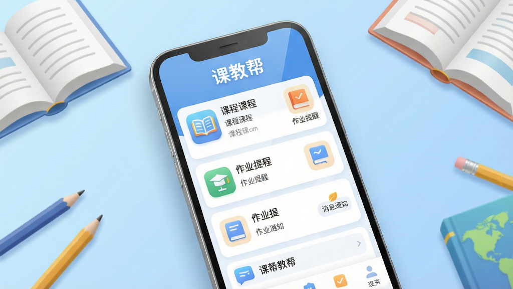 主体:课教帮APP界面展示,手机屏幕中显示课程列表、作业提醒、消息通知等核心功能模块。布局:居中构图,手机略微倾斜,背景为浅蓝色渐变,周围有书本、铅笔等教育元素点缀。排版:界面清晰,图标圆润,文字标签为“课教帮”三字。风格:扁平化设计,色彩明快,科技感与教育感融合。细节:屏幕反光自然,阴影柔和,功能图标精致,整体干净无多余元素。画质:高清渲染,细腻通透,质感上乘。