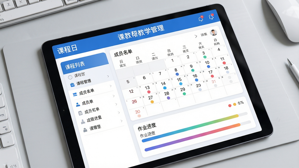 主体:课教帮教学管理功能界面,平板上显示课程日历、成员名单、作业进度条。布局:左右分栏,左侧为课程列表,右侧为详细数据面板,背景为淡灰色工作台。排版:信息层级分明,关键数据用卡片式呈现,顶部横幅写有“课教帮教学管理”。风格:商务简洁,蓝白主色调。细节:日历有标记点,进度条彩色渐变,界面无杂乱元素。画质:清晰锐利,光影自然。