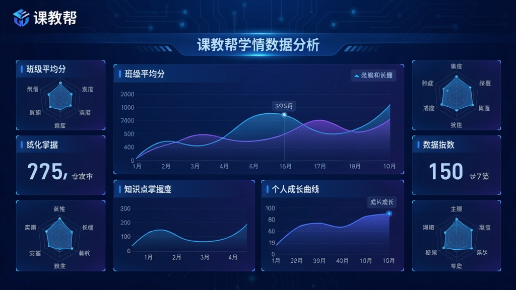 主体:课教帮学情数据分析大屏,展示班级平均分、知识点掌握度、个人成长曲线。布局:大屏居中,四周环绕多个数据卡片,背景为深蓝色科技感。排版:图表为主,数字醒目,左上角有“课教帮”LOGO。风格:大数据可视化风格,蓝紫渐变。细节:曲线平滑,雷达图多维度,数据标签清晰。画质:高清晰度,发光效果细腻,无多余装饰。
