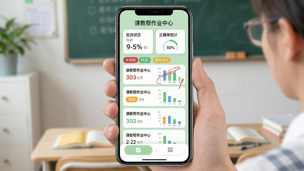 主体:课教帮作业管理界面,手机竖屏显示作业列表、批改状态、正确率统计。布局:列表式布局,顶部为统计摘要卡片,底部为功能按钮,背景为浅绿色护眼色调。排版:作业条目清晰,状态标签颜色区分,标题为“课教帮作业中心”。风格:清新简洁,教育感强。细节:有红笔批注模拟效果,统计图表为柱状图。画质:细腻柔和,无多余元素。