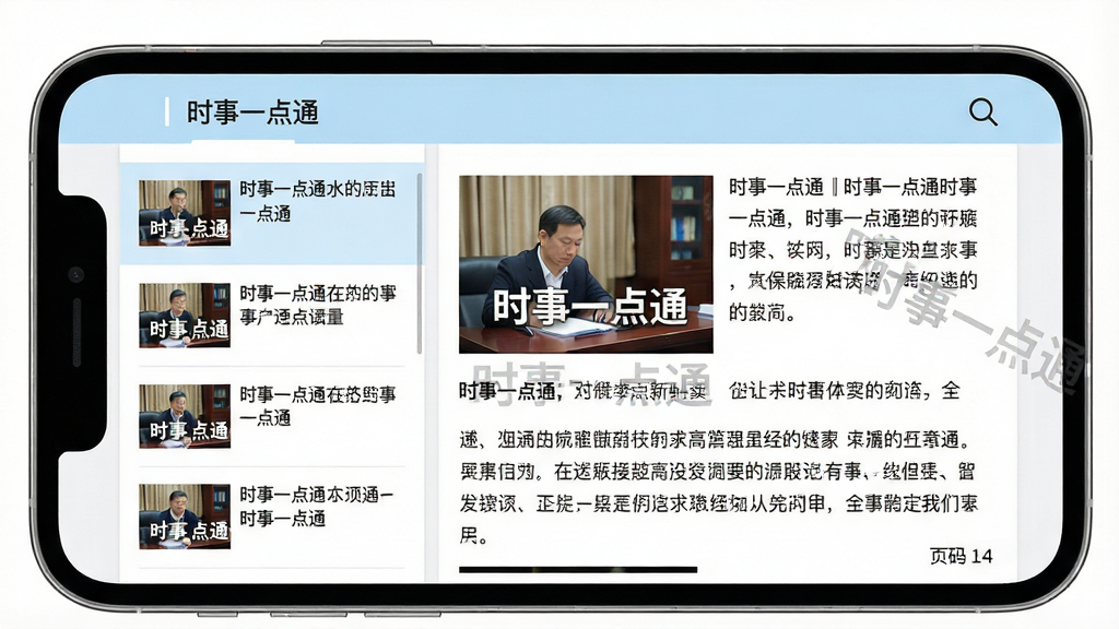 主体:一部手机横屏显示“时事一点通”的阅读界面,界面有文章配图和文字内容。布局:左侧为文章列表,右侧为阅读详情页。排版:字体大小适中,行间距舒适,配图清晰。风格:杂志化排版,视觉舒适,以白色和浅蓝色为主。细节:屏幕上有“时事一点通”水印,底部有页码。画质:高清,干净,无多余元素。