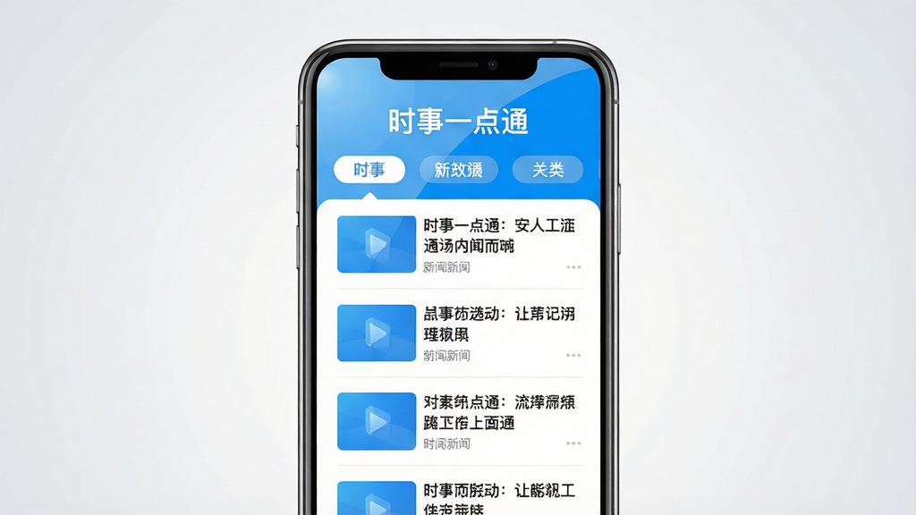 主体:一部亮着屏幕的智能手机,屏幕上显示“时事一点通”应用界面,界面包含清晰的新闻列表和分类标签。布局:手机居中放置,屏幕内容为主要视觉焦点,周围留白干净。排版:界面文字清晰可读,显示“时事一点通”字样和几行新闻标题。风格:现代扁平化,色彩明亮,蓝色主调。细节:屏幕反射轻微光泽,背景为浅灰色渐变,突出手机。画质:高清渲染,干净,无多余元素。