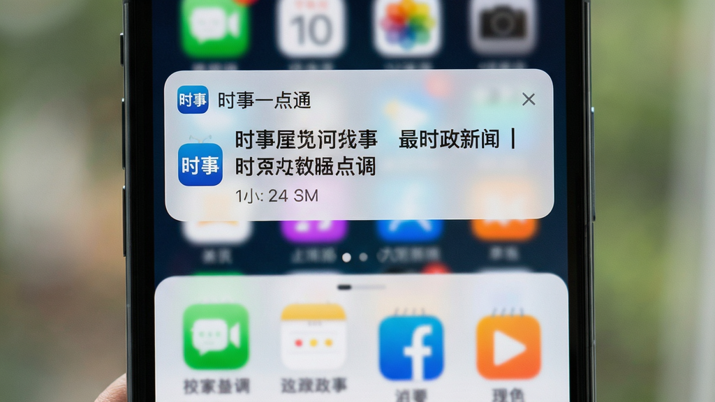 主体:手机通知栏弹出“时事一点通”的推送消息,消息卡片显示最新时政新闻标题。布局:手机屏幕占据画面中央,通知栏在屏幕上方,下方展示应用主界面。排版:推送消息条理清晰,标题醒目,时间戳明确。风格:写实风格,光影自然,色彩鲜明。细节:消息卡片带有应用图标,背景虚化处理。画质:高清,干净,无多余元素。