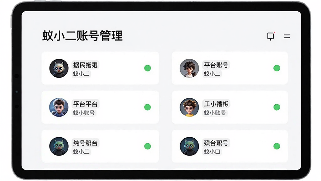 画面主体为平板电脑展示“蚁小二”的账号管理界面,界面以列表形式展示多个平台账号,每个账号旁有头像和名称标签。布局为上下结构,顶部为“蚁小二账号管理”标题,下方为账号卡片列表。排版整齐,风格简洁商务,细节包括账号状态指示灯,整体画质清晰,干净,无多余元素。