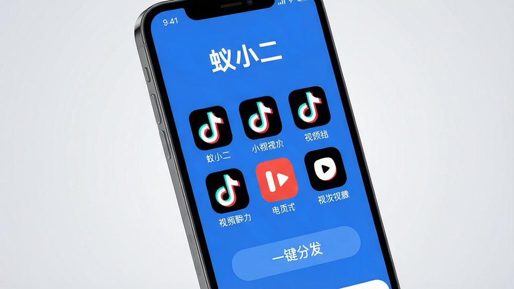 画面主体为一部智能手机屏幕,屏幕上清晰显示“蚁小二”APP的主界面,界面以蓝色为主色调,布局简洁,顶部有“蚁小二”文字Logo,中间为多个短视频平台的图标排列,底部为“一键分发”按钮。布局采用居中构图,手机微微倾斜,背景为浅灰色渐变,突出手机界面。排版干净,风格现代科技感,细节包括屏幕上的功能图标清晰可辨,整体画质高清,干净,无多余元素。