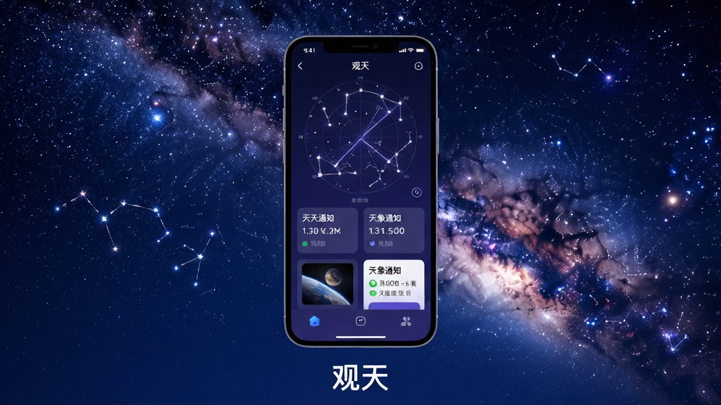 主体:一款名为“观天”的智能手机应用界面,屏幕显示璀璨星空与星座连线,手机悬浮在深蓝色夜空背景中,周围点缀繁星与银河,底部有“观天”字样。布局:手机居中偏下,星空占据上方三分之二,界面简洁。排版:应用界面图标清晰,星图与文字说明排列有序。风格:写实与科技感结合,色调以深蓝、紫色、白色为主。细节:手机屏幕上有星座名称、方位角数据、天象通知卡片。画质:高清渲染,干净,无多余元素。