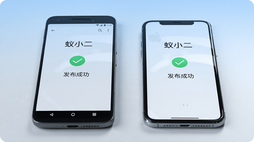 画面主体为一部安卓手机和一部苹果手机并排放在桌面上,手机屏幕均显示“蚁小二”的发布成功界面,有对勾图标和“发布成功”文字。布局为对称构图,背景为浅蓝色渐变。排版简洁,风格写实,细节包括手机边框、屏幕反光,文字“蚁小二”清晰可见。画质高清,干净,无多余元素。