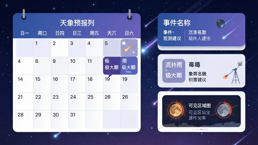 主体:日历风格界面展示天象预报列表,背景为星空与流星。布局:日历占据画面左侧,右侧显示具体事件详情卡片。排版:日期、事件名称、观测建议以列表形式排列,清晰易读。风格:扁平化设计,蓝紫色调。细节:流星雨事件标注“极大期”,月食事件显示“可见区域图”。画质:干净,无多余元素。