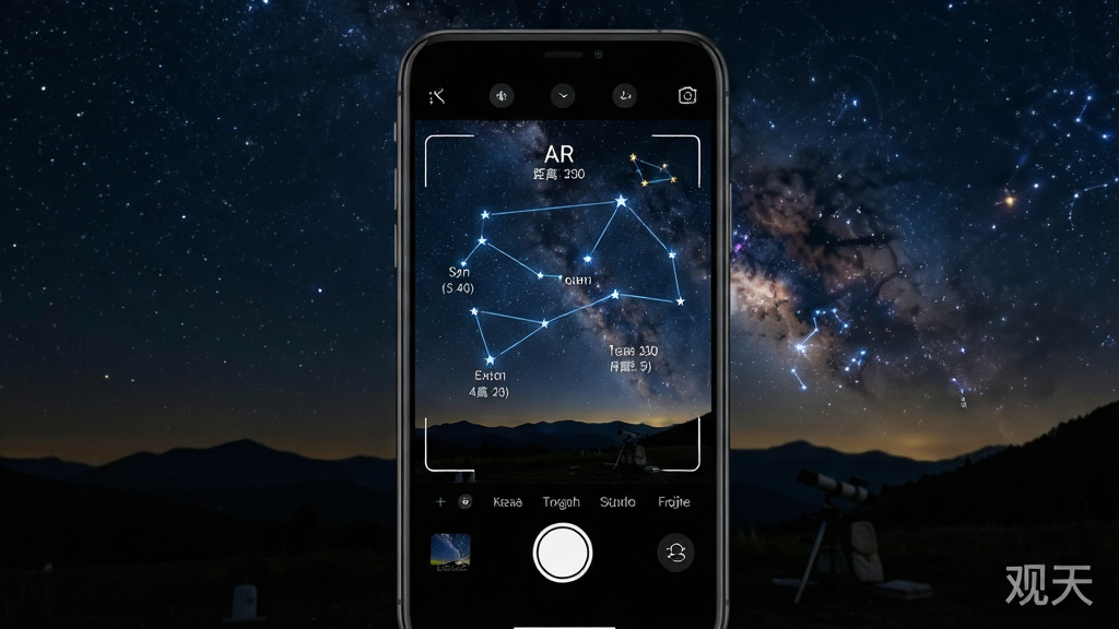 主体:智能手机屏幕显示AR星图识别画面,摄像头取景框中夜空真实场景叠加星座线条与星名标签。布局:手机占据画面中心,背景为郊外夜晚星空,地面有山峦剪影。排版:屏幕中星名标签、距离数据、星座图案排列清晰。风格:科技感与真实感结合,色彩深邃。细节:屏幕右下角有“观天”水印。画质:细腻,干净,无多余元素。
