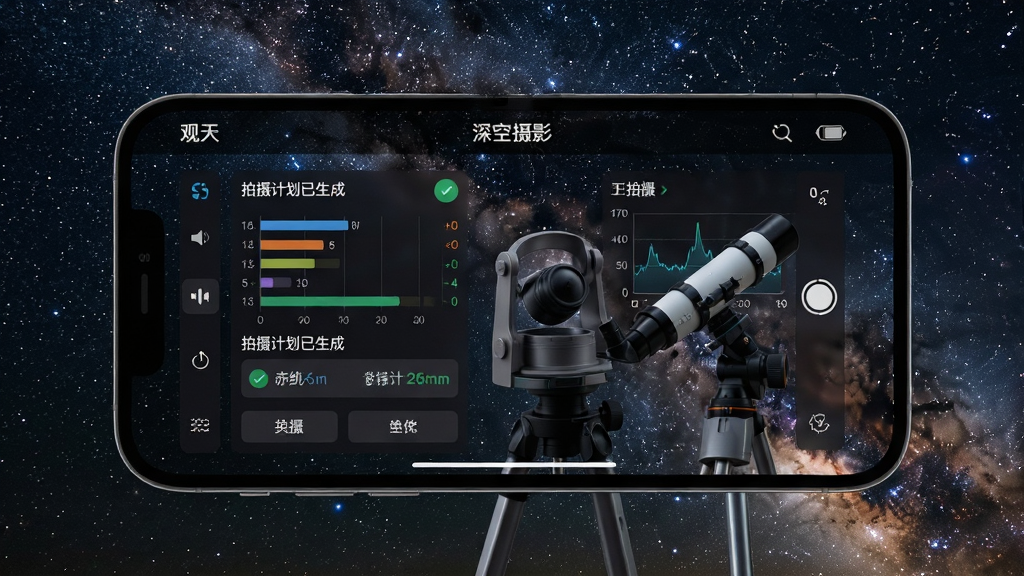 主体:手机横屏显示观天应用深空摄影辅助界面,屏幕上有赤道仪连接状态与拍摄参数图表。布局:手机居中,背景为星空与银河。排版:界面数据条、按钮、图表排列整齐。风格:专业科技感,深色主题。细节:屏幕显示“拍摄计划已生成”提示。画质:干净,无多余元素。
