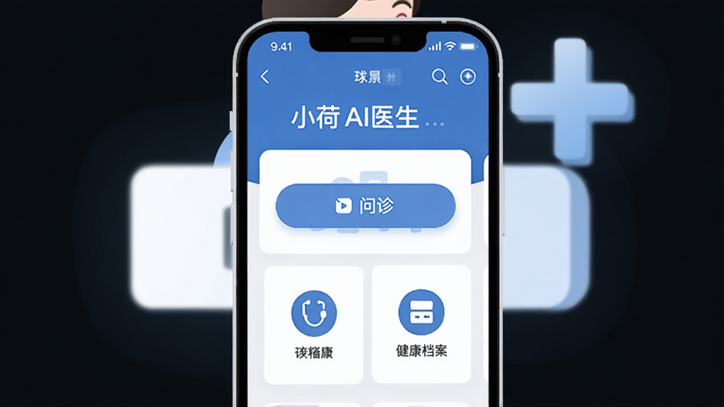 һ��չʾС��AIҽ���ƶ���ʹ�ó����Ĳ廭������Ϊһ���ֻ��Ŵ�չʾӦ�������棬����Ϊ����ҽ��ʮ��ͼ�꣬���־��У�����ƽ������ɫ������Ϊ����ϸ�ڰ������ﰴť�ͽ�������ͼ�꣬���ʸɾ��޶���Ԫ�ء�