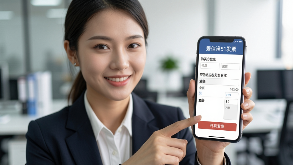 一位穿着商务装的年轻女性,手持手机,手机屏幕上显示“爱信诺51发票”的开票界面,界面上有“购买方信息”、“货物或应税劳务名称”、“金额”等填写栏,她正微笑着点击屏幕上的“开具发票”按钮,背景是模糊的办公室环境,构图以人物和手机为主体,采用平视视角,风格写实自然,画质高清,干净无多余元素