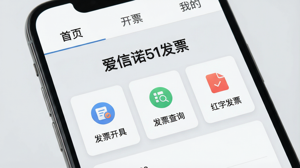 一张智能手机屏幕特写,屏幕中清晰显示“爱信诺51发票”APP的主界面,界面风格简洁清爽,顶部有“首页”、“开票”、“我的”等菜单栏,中间区域以卡片形式展示“发票开具”、“发票查询”、“红字发票”等功能图标,背景为干净的浅灰色,整体构图居中,布局清晰,风格现代简约,画质高清,干净无多余元素