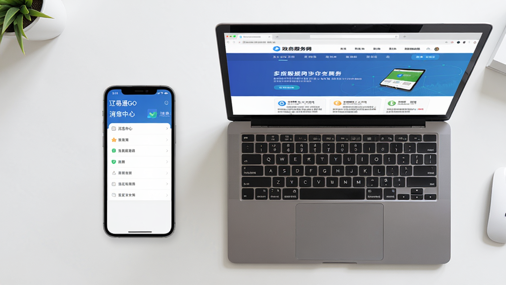 主体为一台智能手机与一台笔记本电脑并排摆放的俯视图,手机屏幕显示辽易通GO的“消息中心”界面,电脑屏幕显示政务服务网页面,象征多端数据同步。布局为左右对称构图,背景为简洁的办公桌面。风格为实物场景拍摄风,光线明亮柔和,细节丰富,画质干净,无多余元素。