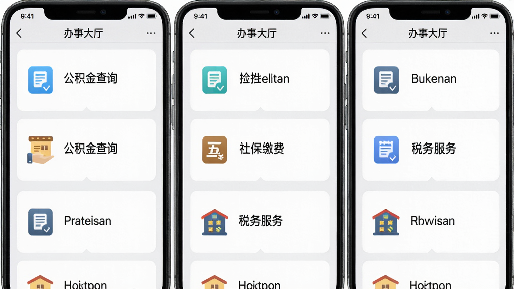 主体为辽易通GO应用内的“办事大厅”功能界面截图,以列表形式展示“公积金查询”、“社保缴费”、“税务服务”等多个功能卡片。布局为上下滑动的手机界面样式,每个卡片有对应图标与名称。排版整齐有序,背景为浅灰色,突出卡片内容。风格为写实的APP界面截图展示,细节清晰,画质干净,无多余元素。