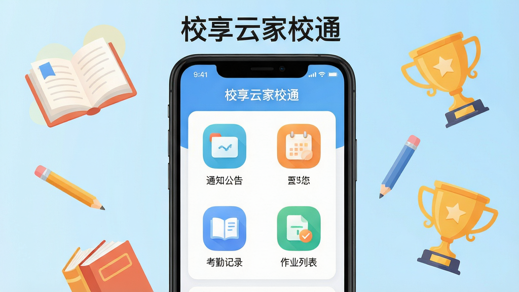 主体:校享云家校通APP界面展示,手机屏幕显示家校互动主页面,包含通知公告、考勤记录、作业列表等模块图标。布局:手机居中放置,屏幕内容清晰可见,背景为浅蓝色渐变,周围漂浮着书本、铅笔、奖杯等教育元素。排版:界面元素排列整齐,图标圆润,文字标签清晰,上方有“校享云家校通”字样。风格:扁平化插画风格,色彩明快温馨,细节丰富。画质:高分辨率,干净,无多余元素。