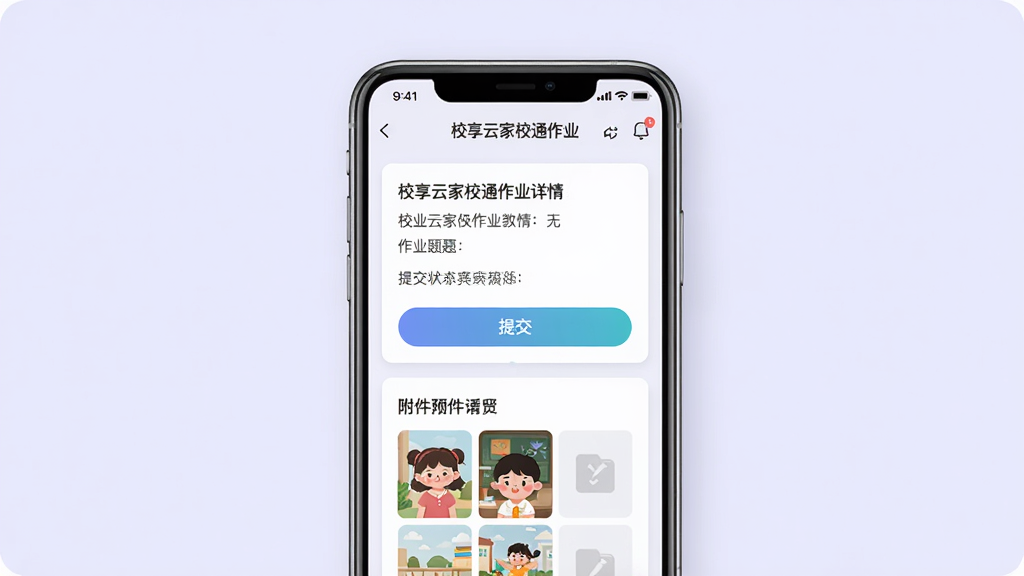 主体:校享云家校通作业详情界面,手机屏幕展示作业题目、提交按钮、附件预览区。布局:手机居中,背景浅紫色,作业内容卡片式排列,提交状态清晰。排版:字体工整,按钮醒目,附有示例图片。风格:简约教育风,色彩温馨。画质:高分辨率,干净无多余元素。