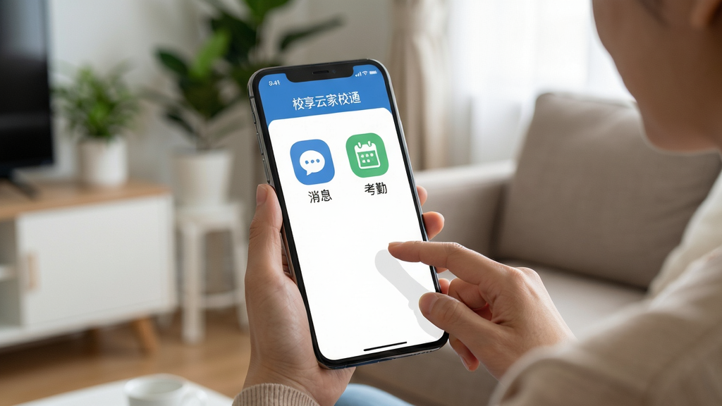 主体:家长使用手机操作校享云家校通APP,界面显示“消息”和“考勤”图标,背景为家庭客厅场景。布局:手机屏幕放大突出显示,周围有沙发、绿植,人物手部虚化。排版:界面简洁,图标下方有中文标签。风格:写实生活风,光线自然。画质:高清,干净无多余元素。