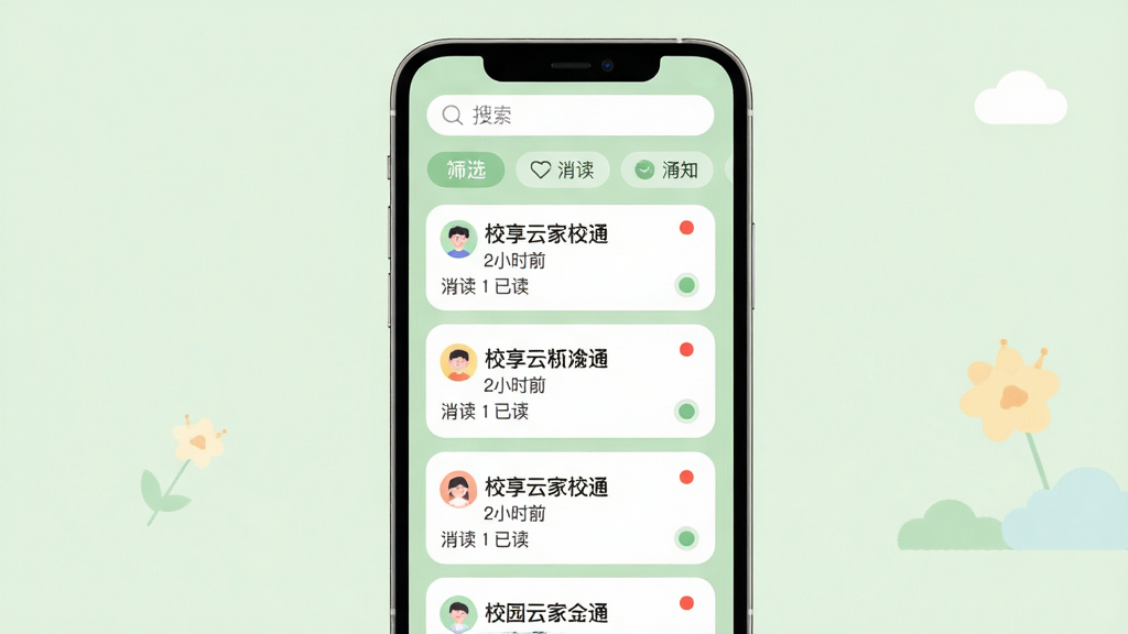 主体:校享云家校通消息通知界面,手机屏幕上显示多条校园通知卡片,每条卡片有标题、时间、已读状态图标。布局:手机屏幕居中,背景为淡绿色,通知卡片排列有序,顶部有搜索栏和筛选标签。排版:卡片圆角设计,文字清晰,未读消息有红点标识。风格:清新扁平插画,色彩柔和。画质:高分辨率,干净整洁,无多余元素。