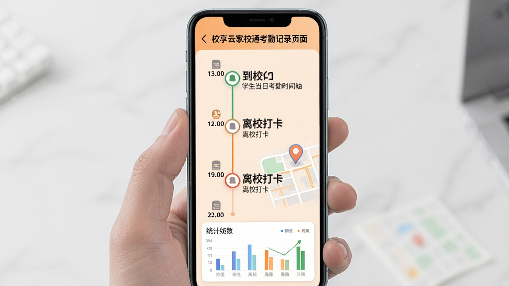 主体:校享云家校通考勤记录页面,手机屏幕显示学生当日考勤时间轴,包含到校、离校打卡点,配有地图定位示意。布局:屏幕居中,背景浅橙色,时间轴纵向排列,图标清晰,底部有统计图表。排版:信息层级分明,时间字体加粗,定位图标醒目。风格:简洁科技风,色彩明亮。画质:高清,干净无多余元素。
