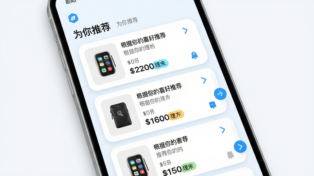 主体:一个手机App界面截图,展示“为你推荐”板块,其中包含多条商品卡片,卡片上标注了价格和“根据你的喜好推荐”小字。布局:界面采用纵向单列信息流布局,卡片圆角设计,视觉焦点集中在推荐商品上。排版:文字信息简洁明了,图片比例统一,滑动提示图标位于右侧。风格:清新简洁的UI设计风格,以白色和品牌色浅蓝色为主色调。细节:界面元素阴影柔和,图标精致,推荐理由标签使用彩色高亮。画质:超清,界面渲染细腻,干净,无多余元素。