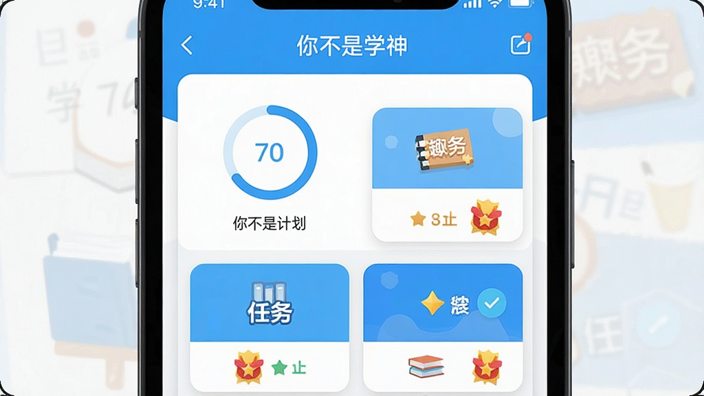 一幅展示《你不是学神》软件主界面的高清截图,主体为手机屏幕中的学习计划列表和趣味任务卡片,布局居中,整体采用明亮清新的蓝白配色,扁平化设计风格,细节包含进度环和奖励图标,画质清晰干净,无多余元素,屏幕上方显示“你不是学神”字样