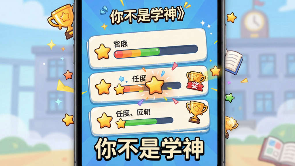 展示《你不是学神》趣味任务挑战界面的图片,主体为手机屏幕中的闯关式任务列表,布局错落有致,包含进度条和奖励动画,风格活泼卡通,色彩鲜艳,细节有星星和奖杯图标,画质高清,干净无多余元素,屏幕下方标注“你不是学神”