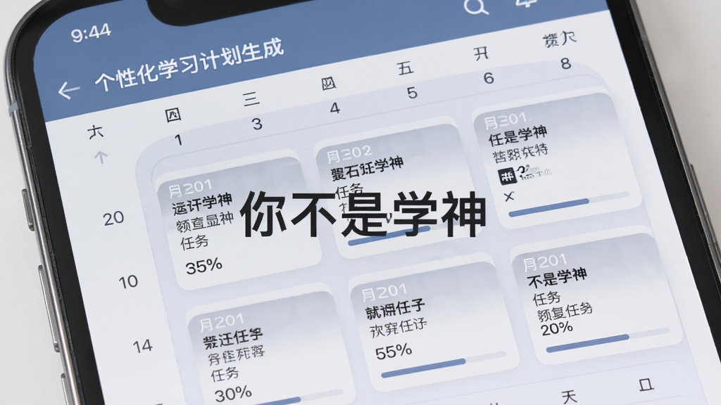 展示《你不是学神》个性化学习计划生成页面的图片,主体为手机屏幕中的日历式计划表,布局规整,风格简约商务,蓝灰主色调,细节包含每日任务卡片和进度百分比,画质精细,无多余元素,屏幕中央显示“你不是学神”
