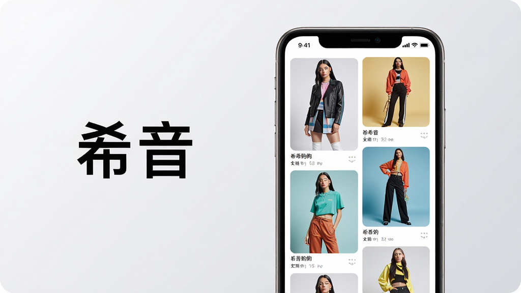 主体:一部亮着屏幕的智能手机,屏幕上展示希音购物App的时尚商品瀑布流界面,包含多张模特穿着潮流服饰的图片。布局:手机位于画面中央偏右,左侧留白并放置“希音”字样logo。排版:手机屏幕内容清晰可辨,商品图片排列整齐,色彩鲜艳。风格:现代简约,具有科技感与时尚感,光线明亮柔和。细节:手机边框精致,屏幕反光自然,背景为干净的浅灰色渐变,突出手机与App界面。画质:8K超高清,细节丰富,干净,无多余元素。
