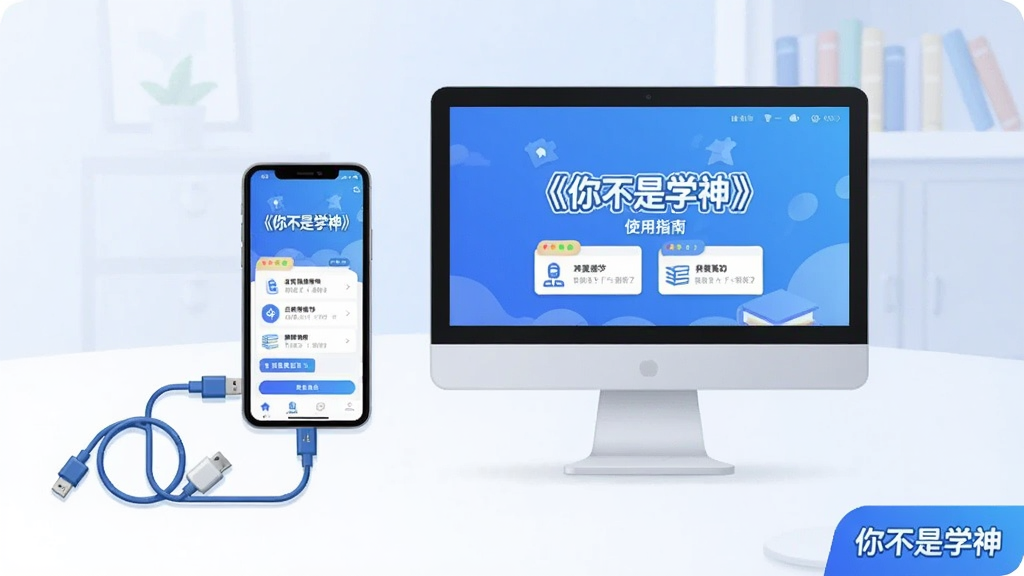 展示《你不是学神》使用指南的插图,主体为手机和电脑并排摆放,屏幕中显示应用界面,布局对称,风格简洁明快,色彩以蓝白为主,细节包含数据线连接,画质干净清晰,无多余元素,图片角落标注“你不是学神”