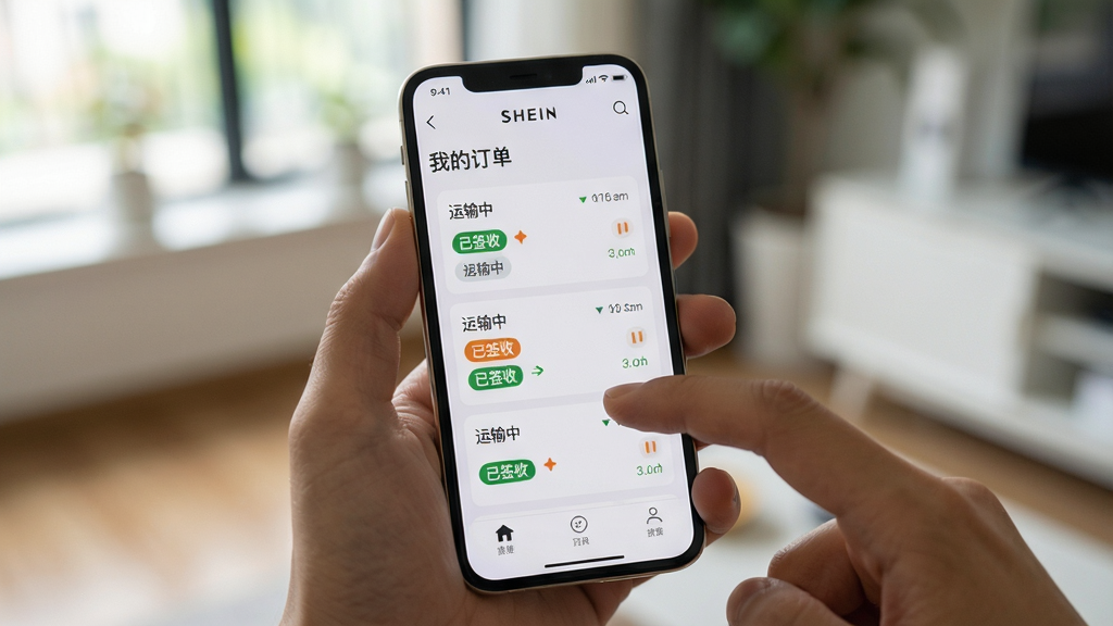 主体:一张智能手机的握持照片,手机屏幕显示希音App的“我的订单”页面,页面中清晰可见多个订单卡片和物流状态标签。布局:手机位于画面中央,手指轻触屏幕,背景为模糊的室内环境。排版:手机屏幕内容为视觉焦点,订单状态以不同颜色高亮显示。风格:写实生活风格,光线自然,景深效果柔和。细节:屏幕上的文字“运输中”、“已签收”等标签清晰可读,手机边框圆润。画质:高清,焦点清晰,背景虚化得当,干净,无多余元素。