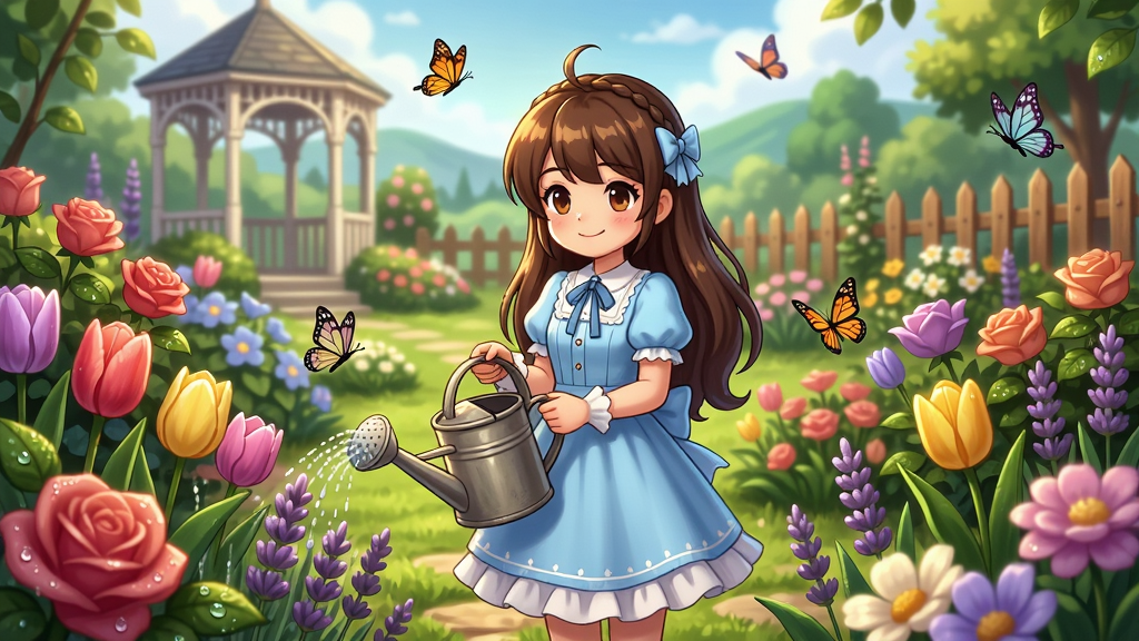 主体:充满生机的魔法花园全景,中央站着可爱的女主角莉莉,她穿着浅蓝色连衣裙,手持洒水壶,周围盛开着玫瑰、郁金香、薰衣草等各色花卉,蝴蝶飞舞,远处有精致的凉亭和木栅栏。布局:花园采用中心构图,莉莉位于画面中央偏下,花卉分层环绕,远景是柔和的山丘与天空。排版:画面干净通透,元素错落有致,留白得当。风格:日系治愈系动漫风格,色彩明亮柔和,光影温暖。细节:花瓣上有露珠,莉莉面带微笑,衣服纹理清晰,花朵层次丰富。画质:8K超高清,细腻入微,干净无多余元素。
