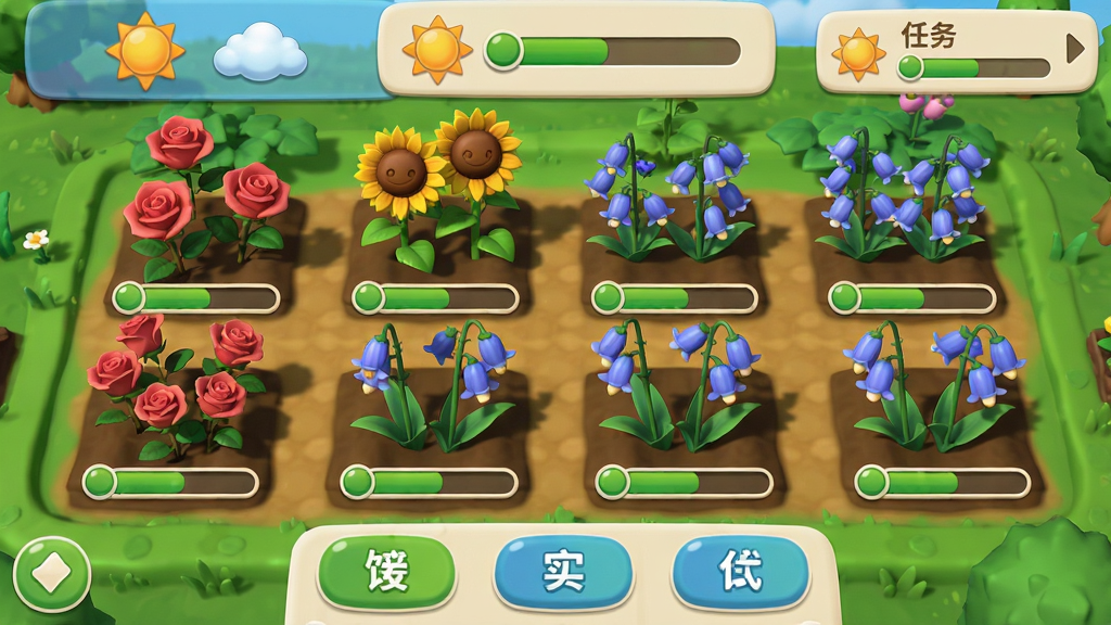 主体:游戏内花园养成界面,展示多种花卉种植区域,有玫瑰、向日葵、蓝铃花等,每个地块都有生长进度条,上方有太阳和云朵图标。布局:界面采用上下分层,上方为天气和任务栏,中间是花园全景,下方是操作按钮。排版:UI简洁明了,花卉排列整齐,颜色鲜艳。风格:清新卡通风格,色彩明快,符合休闲游戏调性。细节:花卉光影效果真实,进度条清晰,按钮有圆角设计。画质:高清细腻,干净整洁,无多余元素。