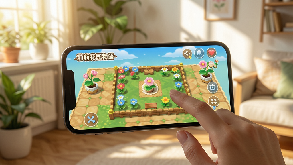 主体:玩家正在手机上游玩《莉莉花园物语》,手机屏幕显示花园界面,背景是舒适的房间,有绿植和阳光。布局:手机位于画面中央,屏幕内容清晰可辨,周围环境干净。排版:特写镜头,突出游戏画面。风格:写实与游戏画面结合,色彩明亮。细节:手机屏幕上有花园图案,玩家手指轻触屏幕。画质:高清,干净,无多余元素。