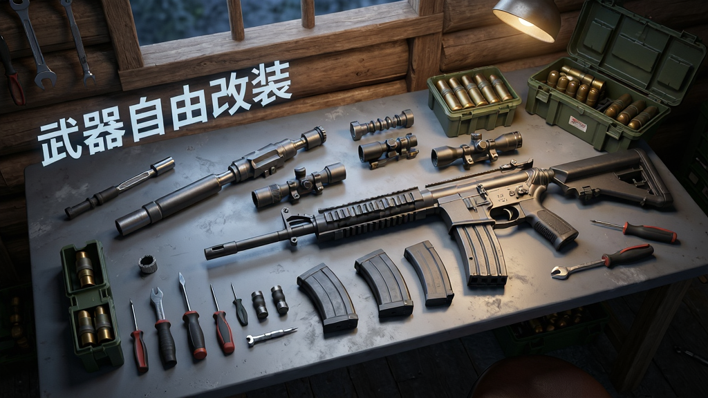 主体:工作台表面摆放着各种武器零件,包括枪管、瞄具、弹匣和一把改装中的步枪,旁边有工具和弹药箱。布局:俯视角度,工作台居中,零件环绕排列,背景是营地木屋。排版:物品展示风格,左侧悬浮文字“武器自由改装”。风格:写实细腻,金属质感突出,色彩偏冷,灯光温暖。画质:高清,干净,无多余元素。
