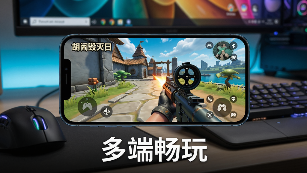 主体:一部智能手机横屏显示《胡闹毁灭日》游戏画面,画面中是瞄准射击场景,手机放在桌面上,旁边有鼠标和键盘,暗示支持模拟器。布局:手机居中,背景为模糊的电脑屏幕。排版:宣传图风格,下方配有文字“多端畅玩”。风格:写实摄影与游戏UI结合,色彩明亮。画质:高清,干净,无多余元素。
