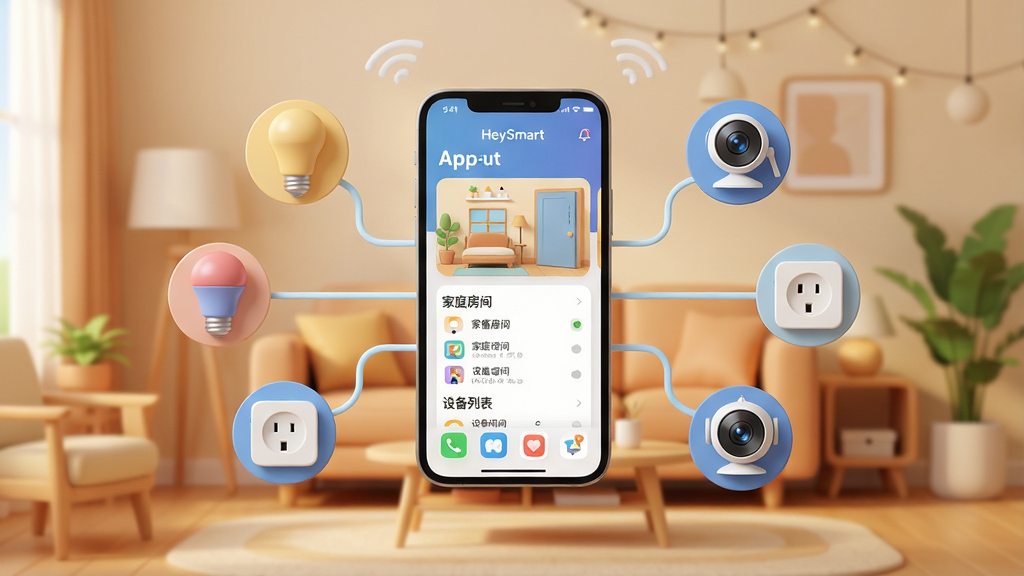 主体为一部亮着屏幕的智能手机悬浮在温馨客厅中央,屏幕显示“HeySmart”App主界面,周围环绕着智能灯泡、智能插座、摄像头等设备图标并带有连接线效果。布局采用中心构图,手机为视觉焦点,设备图标呈圆形环绕排列。排版上App界面清晰展示“家庭房间”和“设备列表”。风格为现代扁平化3D渲染,柔和光线,干净背景,高画质细节丰富,无多余元素。