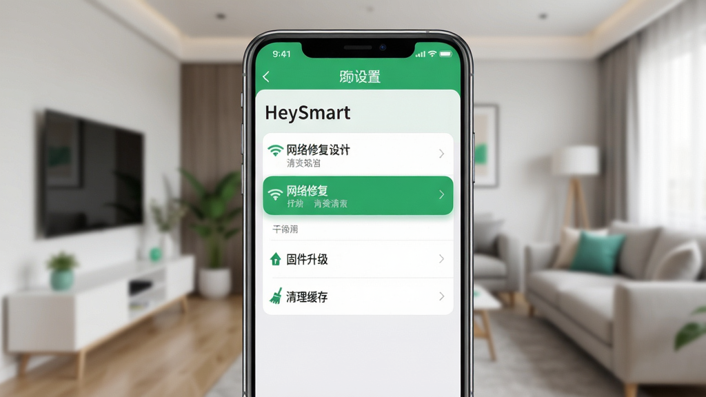 主体为一部手机竖屏显示“HeySmart”的“设置”页面,页面内高亮显示“网络修复”、“固件升级”、“清理缓存”等选项。背景为模糊的现代家居环境。布局为手机屏幕居中特写,UI界面层次分明。风格为明亮简洁的扁平化风格,绿色与白色为主色调,画质清晰,无多余元素。